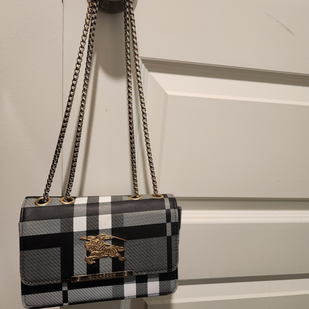 Burberry Black, Gray & White Check Shoulder Bag with Gold Hardware